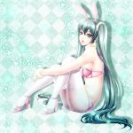  1girl achikoako animal_ears aqua_hair bra bunny_ears checkered checkered_background hatsune_miku high_heels legwear long_hair miku_hatsune nail_polish panties pink_bra pink_panties shoes sitting solo stockings thighhighs twintails underwear underwear_only vocaloid white_legwear 