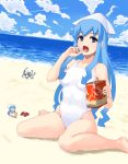  3girls beach blue_eyes blue_hair blue_sky chibi cloud dual_persona eating hat ikamusume ishimiso_(ishimura) ishimura_(ishimura-ya) kappa_ebisen long_hair mini-ikamusume minigirl miso_(misosiruoisi) multiple_girls multiple_persona ocean one-piece_swimsuit prawn_crackers sand shinryaku!_ikamusume sitting sky snack swimsuit tentacle_hair wariza water white_swimsuit 