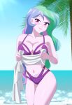 1girl adult adult_female beach big_breasts bikini breasts commission equestria_girls female female_only friendship_is_magic hasbro human humanized humanized_pony looking_at_viewer mature_female my_little_pony navel ocean outside palm_tree pixiv_link princess_celestia_(mlp) principal principal_celestia purple_bikini purple_swimsuit riouku smile solo solo_female swimsuit towel water wide_hips
