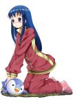 1girl alternate_costume bad_id blue_eyes blue_hair blush dawn fumihiko_(pixiv2658856) high_res highres hikari_(pokemon) kneel kneeling no_hat no_headwear pajamas piplup pokemon pokemon_(anime) pokemon_(game) pokemon_black_and_white pokemon_bw simple_background solo track_suit white_background