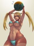 1girl :d ? arm_up armpits arms_up bad_id ball beachball bikini blanka blonde_hair blue_eyes breasts capcom cowboy_shot curvy erect_nipples error fangs hips long_hair looking_at_viewer no_mask one-piece_tan open_mouth rainbow_mika sethxzoe shiny shiny_skin simple_background skindentation smile solo street_fighter street_fighter_zero street_fighter_zero_3 string_bikini sweatdrop swimsuit tan tan_line tanline toned twin_tails twintails underboob wide_hips yellow_background