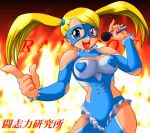  1girl blonde_hair blue_eyes capcom character_name cleavage_cutout fire heart leotard long_hair mask microphone open_mouth rainbow_mika solo street_fighter street_fighter_alpha street_fighter_zero street_fighter_zero_3 teeth text toushi_ryoku twintails wrestling 