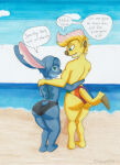 2boys alien beach blue_eyes blue_fur blue_hair disney experiment_(lilo_and_stitch) green_eyes hybrid koala lilo_and_stitch long_ears lovemet123_(lovemet_room) male ocean sand sky sparky stitch stitch! swimwear water yellow_fur