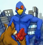  abs avian back beak biceps blue_feathers boulevard brown_fur building bulge canine city closed_eyes cute erection falco_lombardi fellatio fox fox_mccloud furry gay half-dressed humanoid_penis licking macro male muscles oral oral_sex pecs penis red_feathers saliva sex smile star_fox testicles tongue topless underwear video_games 