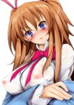 1girl bad_id blue_eyes blush bow breasts brown_hair bust frown fumihiko_(pixiv2658856) head_tilt houjou_hibiki large_breasts nipples no_bra pink_bow precure see-through solo suite_precure two_side_up upper_body wet wet_clothes