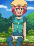 1girl awa blue_eyes blush langley_(pokemon) open_mouth panties pantyshot pokemon pokemon_(anime) red_hair smile spread_legs striped striped_panties underwear upskirt