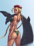  1girl ass back bad_id bare_shoulders beret bikini blonde_hair blue_eyes braid cammy_white dolphin erect_nipples hat long_hair looking_back pixiv_manga_sample resized scar sethxzoe solo street_fighter swimsuit trefoil twin_braids very_long_hair 