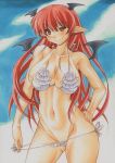  1girl bat_wings bikini bikini_pull blue_sky blush breasts cleavage cloud collarbone colored_pencil_(medium) curvy female hand_on_hip head_wings koakuma large_breasts long_hair looking_at_viewer lowleg lowleg_bikini marker_(medium) millipen_(medium) navel pencil_crayon_(medium) pointy_ears pulled_by_self red_eyes side-tie_bikini sky smile solo swimsuit touhou traditional_media uneven_eyes very_long_hair white_bikini white_swimsuit wings yutakasan-love 