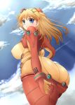  1girl ass asuka_langley_souryuu big_breasts blonde_hair blue_eyes blue_sky blush breasts cloud hair_ornament huge_ass kurokaze_no_sora large_breasts long_hair looking_at_viewer looking_back neon_genesis_evangelion plugsuit rebuild_of_evangelion see-through sky solo test_plugsuit turning 