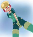 1girl blue_eyes blush boots cabbie_hat choker covering covering_crotch from_below gloves green_legwear hat langley_(pokemon) open_mouth panties pantyshot pencil_skirt pokemon pokemon_(anime) purple_hair ribonzu short_hair skirt skirt_tug solo stockings thighhighs underwear upskirt