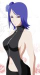 1girl bare_shoulders blue_hair breasts eyebrows eyelashes flower hair_flower hair_ornament half-closed_eyes highres konan lip_piercing naruto navel orange_eyes piercing rose short_hair solo stiky_finkaz vector_trace zipper