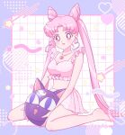  1girl adult_swim aged_up alluring animal_ears big_breasts bikini bishoujo_senshi_sailor_moon blush cat_ears chibi_usa crop_top heart long_hair luna-p miniskirt on_knees pareo pink_eyes pink_hair sitting skirt star_(symbol) toei_animation toonami twin_tails very_long_hair yumemexx 