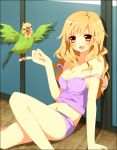  1girl :d bad_id bird bird_on_hand blonde_hair breasts brown_eyes cleavage derp hinase_haruka inko leaning_back long_hair midriff milf navel open_mouth parrot short_shorts shorts sitting smile strap_slip takasu_yasuko toradora! 