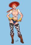 1girl breasts breasts_out cow_print cowboy_boots cowboy_hat garter_straps ginger gloves green_eyes jean_shorts jessie_(toy_story) midriff pigtail stockings tied_shirt toy_story zoobastik