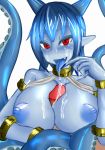  1girl armlet bad_id bare_shoulders blue_hair blue_skin blue_tongue blush breasts choker cum facial fang hokou_kikai horns huge_breasts long_tongue monster_girl nail_polish nipples original paizuri penis pointy_ears red_eyes saliva scylla simple_background slime tentacle tentacles tongue tongue_out uncensored white_background 