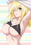 1girl armpits arms_up big_breasts bikini bikini_top black_bikini blonde_hair blush breasts glasses green_eyes highres large_breasts long_hair nipple_slip nipples one_eye_closed open_mouth shiny shiny_skin solo swimsuit tearju_lunatique to_love-ru to_love-ru_darkness undressing wince wink zero_(19851107)