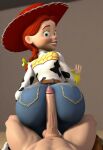 1girl 1girl 1girl accurate_art_style ai_generated assjob braided_ponytail buttjob clothed cowboy_hat disney from_behind jessie_(toy_story) looking_back penis pixar red_hair toy_story