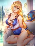  1girl adapted_costume alternate_costume barefoot big_breasts blonde_hair blue_eyes breasts center_opening cleavage full_body gold_trim leotard long_hair milf open_mouth pillar pink_lady_mage ponytail project_soul shield silf sophitia_alexandra soul_calibur soul_calibur_ii soul_calibur_iii soul_calibur_vi soulcalibur soulcalibur_ii soulcalibur_iii tagme thighs 