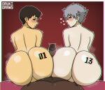 3_boys black_hair brown_skin bubble_butt butt_focus double_buttjob grey_hair kaworu_nagisa looking_back neon_genesis_evangelion orukidraws shinji_ikari tattoo_on_ass yaoi