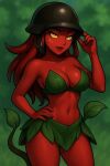     ai_generated bare_midriff big_breasts bikini gatling_cherry_(pvz) gatling_pea_(pvz) helmet hulanized leaf_bikini leaf_clothing lipstick long_hair looking_at_viewer midriff navel plant_girl plants_vs_zombies red_hair red_lipstick red_skin yellow_eyes