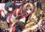  2girls armpits black_hair blonde_hair breasts brown_eyes cherry_blossoms fang hair hair_ribbon headband high_res katana long_hair multiple_girls open_mouth original petals ribbon shinano_yura sword underboob weapon 