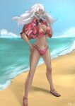 1girl 1girl alluring beach bikini blue_eyes breasts dark-skinned_female dark_skin day deekei elma_(xenoblade_x) female_focus full_body hair_ornament high_res jacket long_hair looking_at_viewer medium_breasts navel nintendo sky swimsuit white_hair xenoblade_(series) xenoblade_chronicles_x