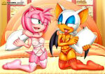 1girl 2_girls amy_rose anthro bbmbbf bed blush bra breasts female/female female_only gold_level high_res lingerie mobian_(species) mobius_unleashed one_eye_closed open_mouth palcomix pietros_secret_club pillow pillow_shading rouge_the_bat sega sega sonic_the_hedgehog_(series) stockings tongue underwear yuri