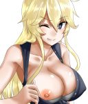 1girl 1girl 1girl 30-06 bare_arms big_breasts blonde blue_eyes breast_slip breasts clavicle hair_between_eyes high_resolution iowa_(kantai_collection) kantai_collection long_hair looking_at_viewer messy_hair navel nipples one_breast_out_of_clothes one_eye_closed open_clothes self_exposure sidelocks simple_background smile star star-shaped_pupils symbol-shaped_pupils upper_body white_background