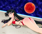 1girl absurd_res alluring ass bare_legs bikini bishoujo_senshi_sailor_moon black_hair blue_eyes closed_mouth earrings high_res jewelry long_hair lying madefanart mars_(planet) medium_breasts pin_up red_bikini rei_hino sailor_mars sand smile star_(symbol) star_earrings swimsuit