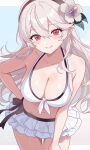 1girl 1girl absurd_res alluring big_breasts bikini bikini_skirt black_hairband blush cleavage corrin_(fire_emblem) corrin_(fire_emblem)_(female) corrin__(novice_vacationer)_(fire_emblem)_(female) fire_emblem fire_emblem_fates fire_emblem_heroes flower grey_hair hair_between_eyes hair_flower hair_ornament hairband high_res long_hair looking_at_viewer n_54 navel nintendo official_alternate_costume pointy_ears red_eyes sideboob skindentation smile swimsuit white_bikini white_hair