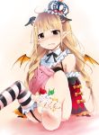  1girl animal_ears barefoot bat_wings blonde_hair brown_eyes cream crown detached_sleeves extra_ears feet food fruit futaba_anzu garter_straps idolmaster idolmaster_cinderella_girls kaiga long_hair pointy_ears soles solo stockings strawberry striped striped_legwear thighhighs toes twin_tails twintails wings 