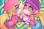 2020 2_girls absurd_res anthro ape ass banana blonde_hair breasts clothing dixie_kong donkey_kong_(series) earrings female_only hypnosis kissing mario_(series) mind_control monkey nintendo oposa ponytail rareware shirt spiral_eyes suggestive_food sweat sweatdrop sweating tiny_kong tongue tongue_out yuri