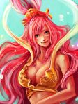 1girl bare_shoulders blue_eyes breasts bubble cleavage fishman_island long_hair one_piece pink_hair princess shirahoshi smile solo tsuyomaru