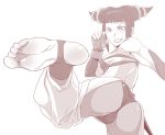 ass barefoot capcom drill_hair evil_smile feet fingerless_gloves foot gloves halter_top halterneck juri_han kick kicking monochrome smile soles solo street_fighter street_fighter_iv super_street_fighter_iv toeless_socks toes twin_drills watarabe_keiichi