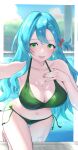 1girl absurd_res alluring aqua_hair big_breasts bikini braid chloe_(fire_emblem) cleavage fire_emblem fire_emblem_engage green_bikini green_eyes hair_between_eyes high_res looking_at_viewer midriff navel nintendo open_mouth side_braid swimming_pool swimsuit tarutaru193 teeth upper_teeth_only