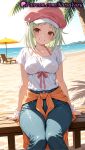 1girl 1girl 1girls 2025 ai ai_assisted ai_generated anime anime_style arm_support bakemonogatari bangs beach beach_umbrella bench big_breasts bikini blue_pants blush bra_visible_through_clothes breasts brown_eyes bust cabbie_hat cleavage clothes_around_waist collarbone day denim feet_out_of_frame female_focus female_only green_hair grin halterneck hat hentai high_quality high_res high_res high_resolution horizon jacket jeans looking_at_viewer medium_breasts medium_hair monogatari_(series) natsuyoru ocean orange_jacket outside palm_tree pants patreon pink_headwear red_headwear sand scrunchie see-through see-through_shirt sengoku_nadeko shirt short_hair short_sleeves sitting sky smile solo_female stable_diffusion swimsuit teeth tree umbrella voluptuous voluptuous_female water wet wet_clothes wet_shirt white_shirt wrist_cuffs wrist_scrunchie