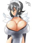 1girl black_hair breasts bursting_breasts choker cleavage eu03 flipped_hair gigantic_breasts iroha iroha_(samurai_spirits) maid maid_headdress rough samurai_spirits sash short_hair sketch solo sweat