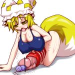 148bpm animal_ears artificial_vagina blonde_hair breasts dildo fox_ears fox_tail futanari huge_breasts huge_penis insertion object_insertion penis ran_yakumo saliva tail tongue touhou urethral_insertion yakumo_ran yellow_eyes