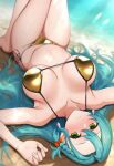 1girl alluring beach big_breasts bikini breasts_apart chloe_(fire_emblem) fire_emblem fire_emblem_engage gold_bikini golden_bikini green_eyes looking_at_viewer lying lying_on_back lying_on_ground nintendo pyo_3300 teal_hair