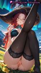 1girl 1girls 2025 ai ai_assisted ai_generated anime anime_style anus arm_support ass aurora aurora_(league_of_legends) bangs bare_shoulders big_breasts big_breasts black_bra black_headwear black_legwear black_thighhighs blue_bra blush bottomless bra breasts bust cleavage cleft_of_venus feet female_focus female_only flower foot_fetish forehead glasses grass hat hentai high_quality high_res high_res high_resolution juicy_butt labia labia_majora lace-trimmed_bra lace_trim league_of_legends league_of_legends:_wild_rift leg_lift legs lingerie long_hair looking_at_viewer megane mountain natsuyoru night no_panties orange_eyes outside parted_bangs parted_lips patreon pussy pussy red_hair riot_games round_eyewear sitting sky solo_female stable_diffusion star_(sky) starry_sky stockings thighs uncensored underwear underwear_only voluptuous voluptuous_female wide-eyed witch witch_hat yellow_eyes yellow_flower