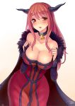 1girl bad_id bell bell_collar big_breasts blush breasts collar dress fur_trim horns large_breasts long_hair maou_(maoyuu) maoyuu_maou_yuusha red_eyes red_hair solo undressing walzrj