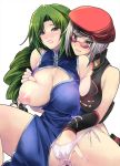  2girls bad_id beret blue_eyes breasts clenched_teeth erect_nipples fingering glasses green_eyes green_hair hair hand_in_panties hat headgear high_res highres huge_breasts lactation lips long_hair mahjong_monogatari multiple_girls nipples panties puffy_nipples pussy_juice rimless_glasses shinano_yura short_hair side-tie_panties silver_hair simple_background skin_tight teeth underwear white_background white_panties wince yuri 