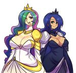 2girls blue_eyes blue_hair breasts cleavage crescent crown friendship_is_magic gown green_hair hair hair_over_one_eye huge_breasts humanized long_hair maniacpaint multicolored_hair multiple_girls my_little_pony no_bra pauldrons pink_eyes pink_hair princess_celestia princess_luna purple_hair siblings sisters tan very_long_hair wink