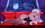 1girl 1girl absurd_res alluring alternate_costume amanda_peach blue_eyes cleavage couch dark-skinned_female dark_skin elma_(xenoblade_x) fishnets high_res indoors leotard looking_at_viewer monolith_soft moon on_couch playboy_bunny rabbit_ears white_hair xeno_(series) xenoblade_(series) xenoblade_chronicles_x