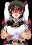  1girl arms_up bad_id belt beret bishoujo_kamen_poitrine black_hair breast_grab breasts brooch brown_eyes bust domino_mask earrings erect_nipples grabbing hair hat headgear hetero highres jewelry lipstick makeup mask murakami_yuuko shinano_yura short_hair upper_body 