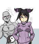  1boy 1girl abs bald black_hair blush breasts capcom grey_skin hands_on_hips juri_han pectorals pointy_hair purple_eyes ribbed_sweater seth_(street_fighter) street_fighter street_fighter_iv super_street_fighter_iv sweater turtleneck twintails yan-baru yin_yang 