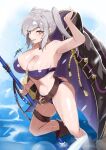 1girl 1girl 1girl alternate_costume bare_shoulders beach belt bikini blush brown_belt brown_eyes brown_gloves cleavage coat collarbone fire_emblem fire_emblem_awakening fire_emblem_heroes gloves grey_hair holding_trident intelligent_systems jacket jacket_on_shoulders long_hair looking_at_viewer navel nintendo o-ring o-ring_bikini official_alternate_costume polearm purple_bikini purple_swimsuit robin_(fire_emblem) robin_(fire_emblem)_(female) robin_(summer)_(fire_emblem)_(female) sand silver_hair smile swimsuit thigh_belt trident twin_tails under_boob wariza water weapon wet white_hair zet_(twt_zet)