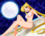 1girl 1girl absurd_res alluring bare_legs bikini bishoujo_senshi_sailor_moon blonde_hair blue_eyes high_res long_hair madefanart medium_breasts moon open_mouth pin_up sailor_moon sand sitting swimsuit teeth usagi_tsukino white_bikini