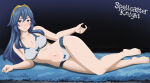 1girl alluring bare_legs barefoot blue_eyes blue_hair bra bra_only crown finger_gesture fire_emblem fire_emblem_awakening hair_ornament intelligent_systems legs_together long_hair looking_at_viewer lucina lucina_(fire_emblem) medium_breasts nintendo on_rug on_side panties pin_up pinup pinup_(style) pinup_girls pinup_pose seductive seductive_pose simple_background smile solo_female solo_focus spellcaster_knight underwear