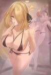 3_girls alluring big_breasts bikini blonde_hair calmgreentori cleavage cynthia cynthia_(pokemon) elesa_(pokemon) grey_eyes nintendo pokemon red_hair skyla skyla_(pokemon) yuri